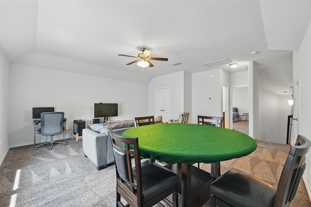 11512 Starlight Ranch Trl, Fort Worth, TX 76052 - carpeted dining room featuring ceiling fan, attic access, baseboards, and vaulted ceiling