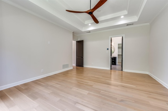 805 Cross Ln, Southlake, TX 76092 - unfurnished room featuring a raised ceiling, ornamental molding, light wood-style flooring, recessed lighting, and ceiling fan