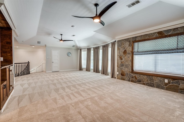 805 Cross Ln, Southlake, TX 76092 - unfurnished living room with a ceiling fan, light carpet, lofted ceiling, and ornamental molding
