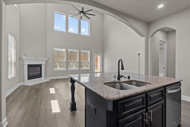 7913 Heritage Palms Trl, Mckinney, TX 75070 - kitchen featuring a sink, dark cabinets, open floor plan, light wood-type flooring, and arched walkways