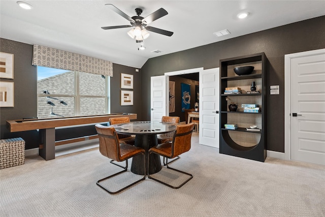 3105 Patrinia St, Royse City, TX 75189 - dining area with light carpet, a ceiling fan, baseboards, recessed lighting, and lofted ceiling