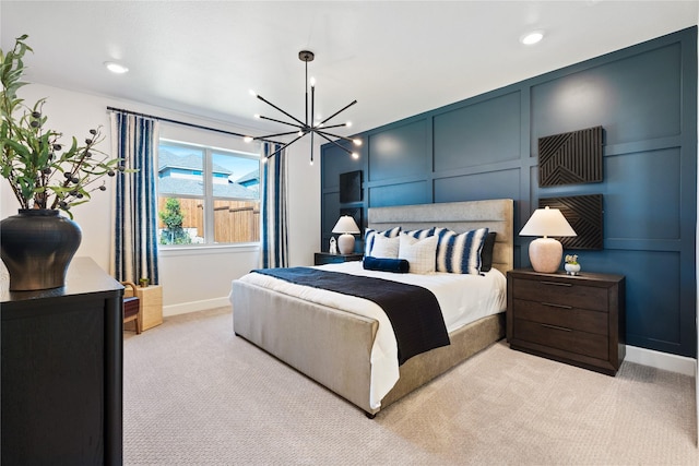 3105 Patrinia St, Royse City, TX 75189 - bedroom with light carpet, a chandelier, baseboards, and recessed lighting