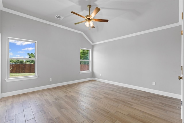 833 Haley, Springtown, TX 76082 - unfurnished room featuring a ceiling fan, vaulted ceiling, light wood finished floors, ornamental molding, and baseboards