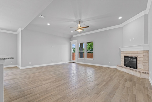 833 Haley, Springtown, TX 76082 - unfurnished living room with ceiling fan, crown molding, recessed lighting, light wood-type flooring, and baseboards