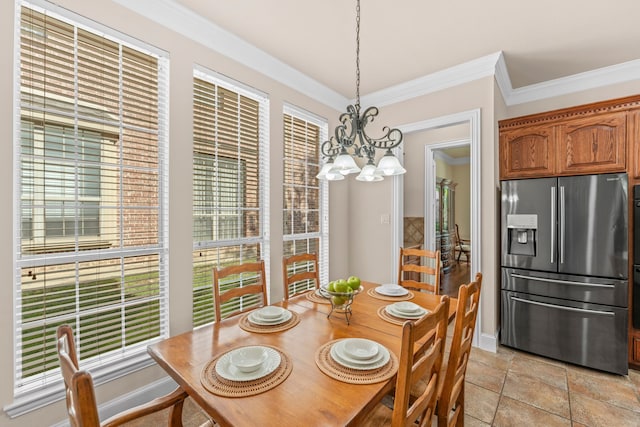15372 Mountain View Ln, Frisco, TX 75035 - dining room with a chandelier, ornamental molding, and light stone finish floors