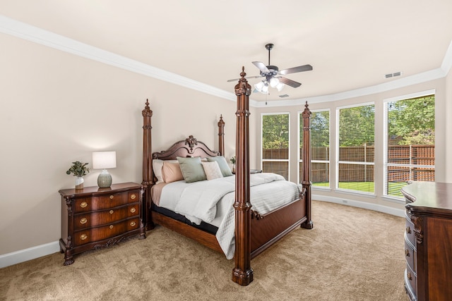 15372 Mountain View Ln, Frisco, TX 75035 - bedroom featuring ornamental molding, light carpet, baseboards, and a ceiling fan
