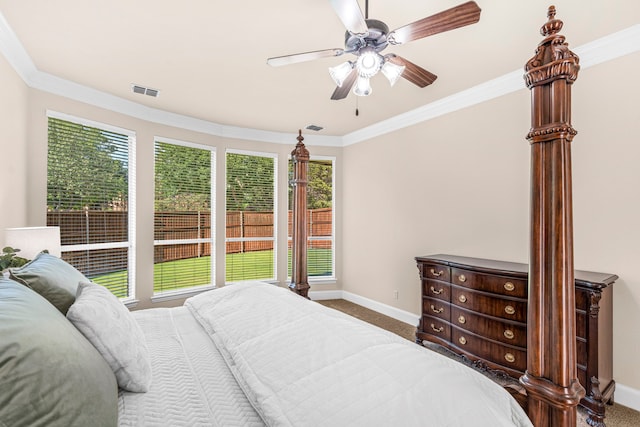 15372 Mountain View Ln, Frisco, TX 75035 - carpeted bedroom featuring baseboards, crown molding, and ceiling fan