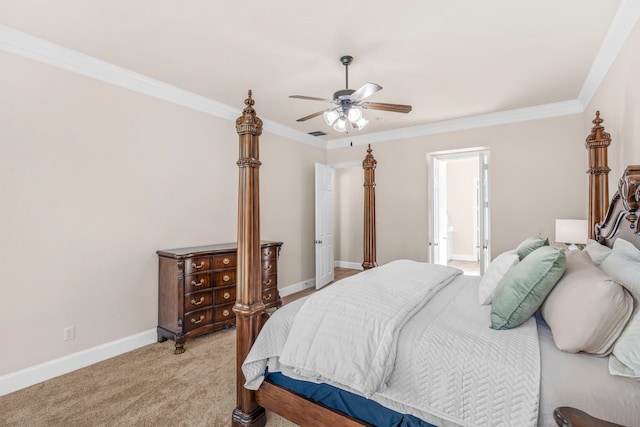 15372 Mountain View Ln, Frisco, TX 75035 - bedroom with baseboards, ornamental molding, light carpet, ceiling fan, and ensuite bathroom