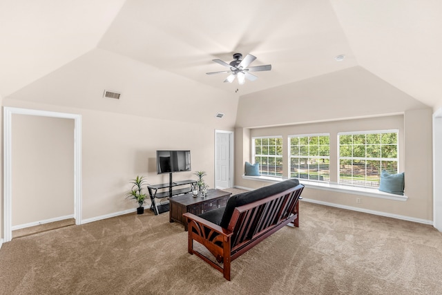 15372 Mountain View Ln, Frisco, TX 75035 - living area featuring ceiling fan, carpet flooring, vaulted ceiling, and baseboards