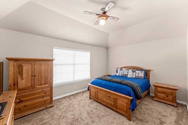 15372 Mountain View Ln, Frisco, TX 75035 - bedroom featuring light carpet, baseboards, ceiling fan, and vaulted ceiling