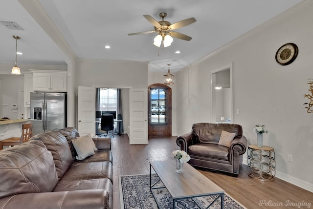 2087 Sand Crest Dr, Shreveport, LA 71118 - living area featuring an office area, ornamental molding, a ceiling fan, wood finished floors, and baseboards