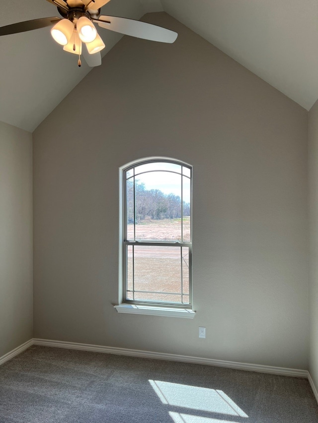 554 Calla Lily Dr, Tolar, TX 76476 - carpeted empty room with vaulted ceiling, a ceiling fan, and baseboards