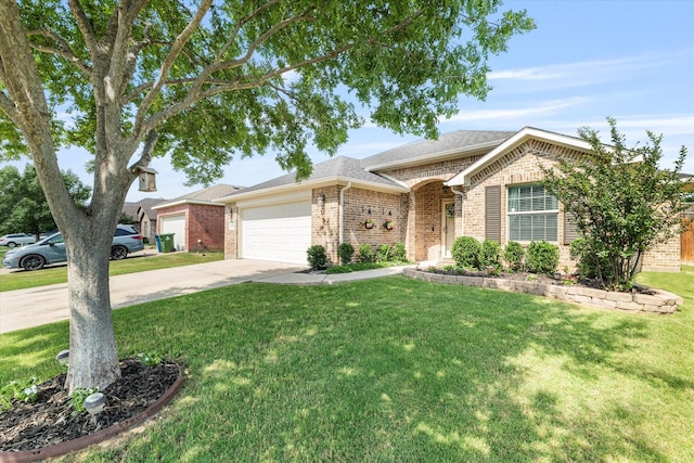 3007 Glenwood Ct, Aubrey, TX 76227 - ranch-style house featuring brick siding, an attached garage, driveway, a front lawn, and a shingled roof