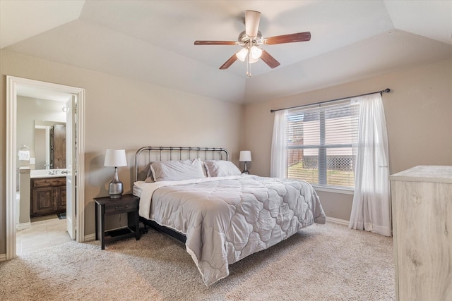 3007 Glenwood Ct, Aubrey, TX 76227 - bedroom with light colored carpet, vaulted ceiling, ensuite bathroom, baseboards, and ceiling fan