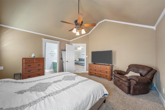 10513 Rayburn Way, Waco, TX 76708 - carpeted bedroom with vaulted ceiling, ornamental molding, connected bathroom, a ceiling fan, and baseboards