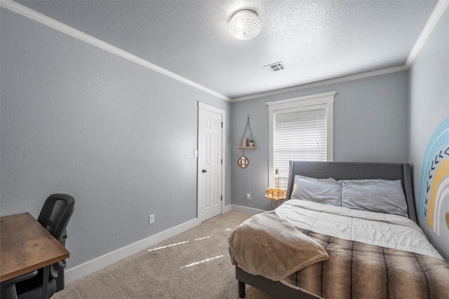 10513 Rayburn Way, Waco, TX 76708 - bedroom with baseboards, ornamental molding, carpet flooring, a textured ceiling, and a desk