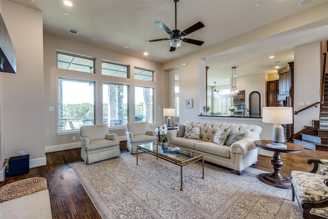 4540 Honeyvine Ln, Prosper, TX 75078 - living room featuring wood finished floors, recessed lighting, a ceiling fan, baseboards, and stairway