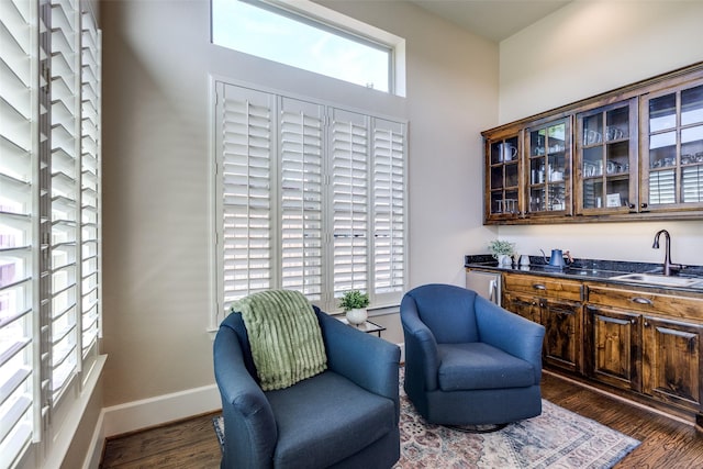 4540 Honeyvine Ln, Prosper, TX 75078 - living area featuring bar with sink, dark wood-type flooring, and baseboards