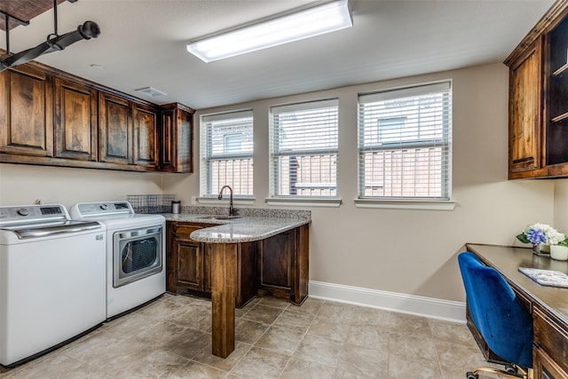 4540 Honeyvine Ln, Prosper, TX 75078 - laundry room with washing machine and clothes dryer, cabinet space, baseboards, and an office area