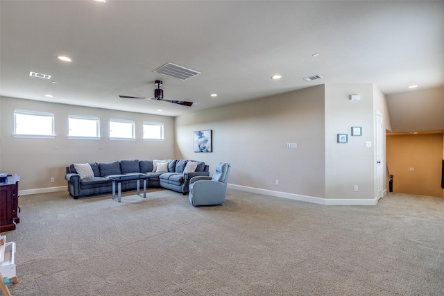 4540 Honeyvine Ln, Prosper, TX 75078 - living area with light carpet, recessed lighting, baseboards, and a ceiling fan