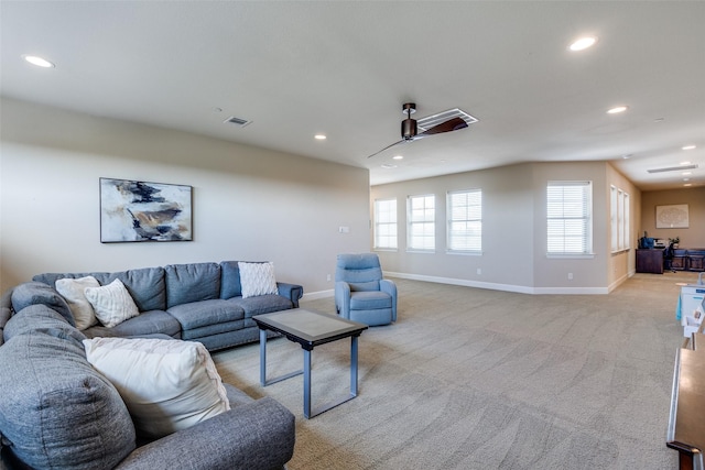 4540 Honeyvine Ln, Prosper, TX 75078 - living room with baseboards, light colored carpet, recessed lighting, and a ceiling fan