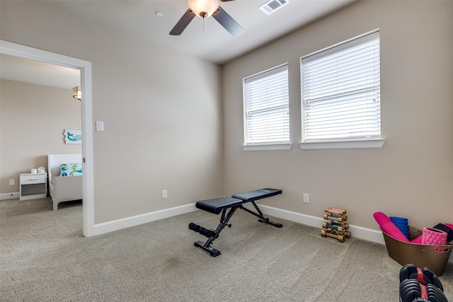4540 Honeyvine Ln, Prosper, TX 75078 - exercise area with a ceiling fan, carpet floors, and baseboards