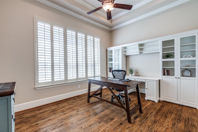 4540 Honeyvine Ln, Prosper, TX 75078 - office featuring crown molding, ceiling fan, dark wood-style floors, baseboards, and a raised ceiling