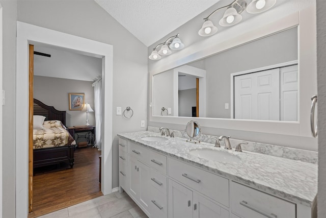 1501 Summerwind Ln, Lewisville, TX 75077 - bathroom featuring connected bathroom, lofted ceiling, double vanity, and a textured ceiling