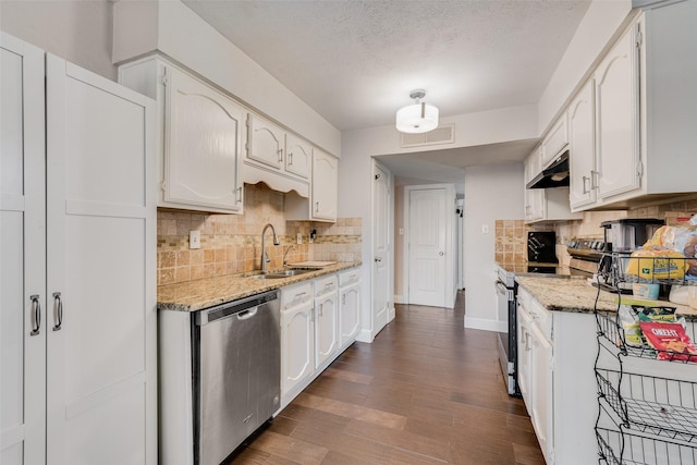 921 Granite Ln, Desoto, TX 75115 - kitchen with stainless steel appliances, a sink, under cabinet range hood, white cabinetry, and backsplash