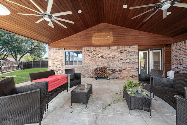 921 Granite Ln, Desoto, TX 75115 - fenced backyard with ceiling fan, an outdoor living space, and a patio