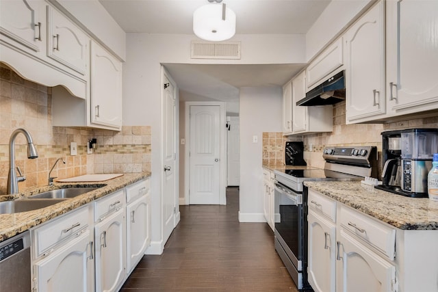 921 Granite Ln, Desoto, TX 75115 - kitchen with appliances with stainless steel finishes, range hood, a sink, white cabinets, and dark wood-style floors