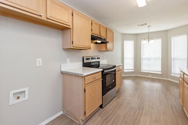 5907 Cohoke Dr, Arlington, TX 76018 - kitchen featuring stainless steel electric range, under cabinet range hood, light countertops, light wood-style flooring, and a textured ceiling