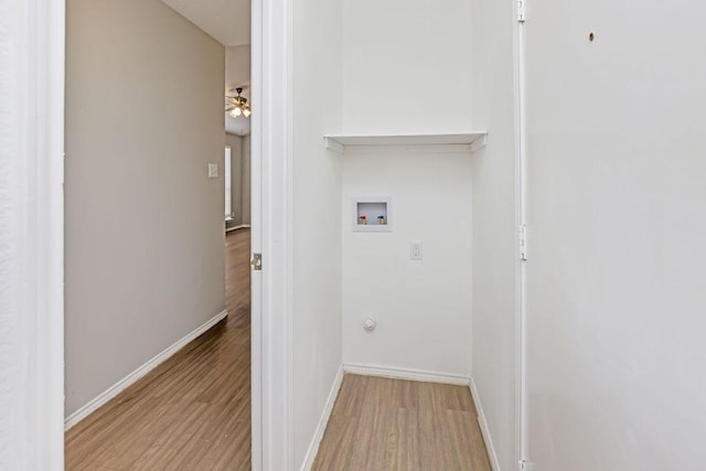 5907 Cohoke Dr, Arlington, TX 76018 - laundry room featuring washer hookup, light wood-type flooring, baseboards, and a ceiling fan