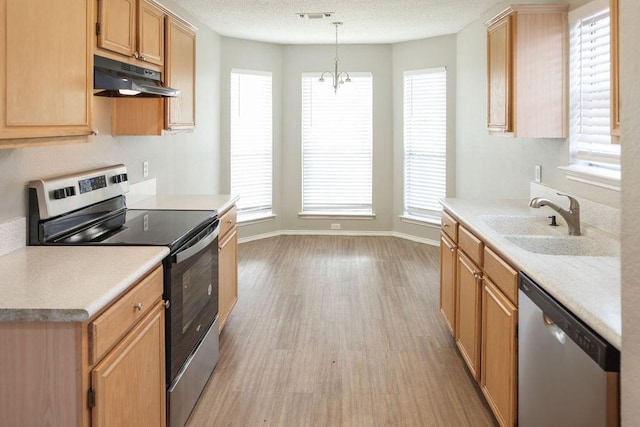 5907 Cohoke Dr, Arlington, TX 76018 - kitchen featuring stainless steel appliances, under cabinet range hood, light countertops, light wood-style flooring, and a sink