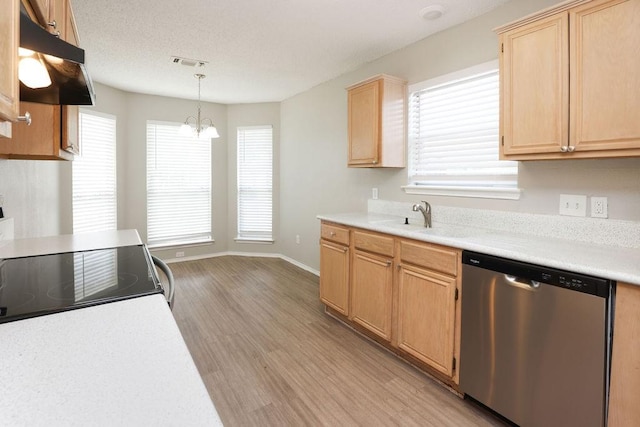 5907 Cohoke Dr, Arlington, TX 76018 - kitchen featuring stainless steel dishwasher, under cabinet range hood, light brown cabinets, and a sink