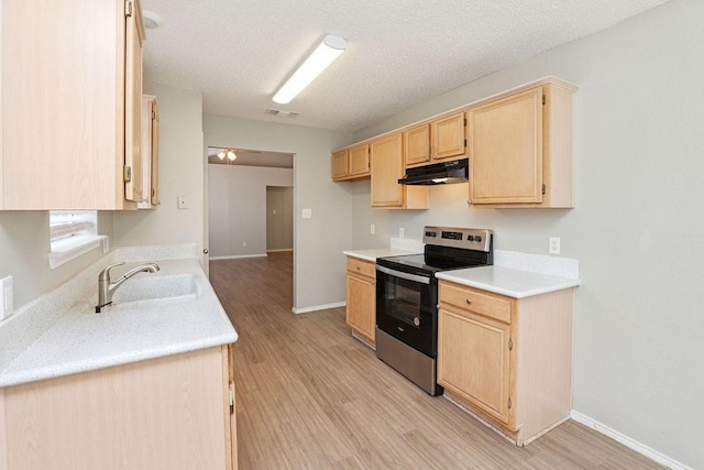 5907 Cohoke Dr, Arlington, TX 76018 - kitchen with electric stove, light brown cabinetry, under cabinet range hood, light wood-type flooring, and light countertops