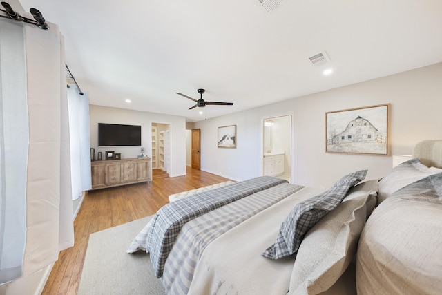 4107 Highland Rd, Melissa, TX 75454 - bedroom featuring light wood-type flooring, recessed lighting, ceiling fan, and ensuite bathroom