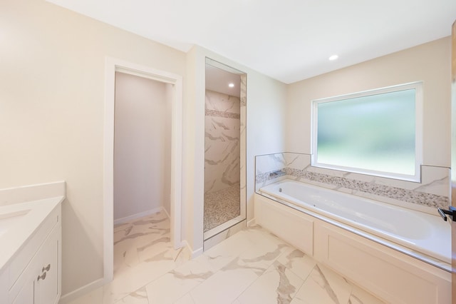 4107 Highland Rd, Melissa, TX 75454 - full bathroom with marble look tile flooring, a bath, a walk in shower, vanity, and recessed lighting