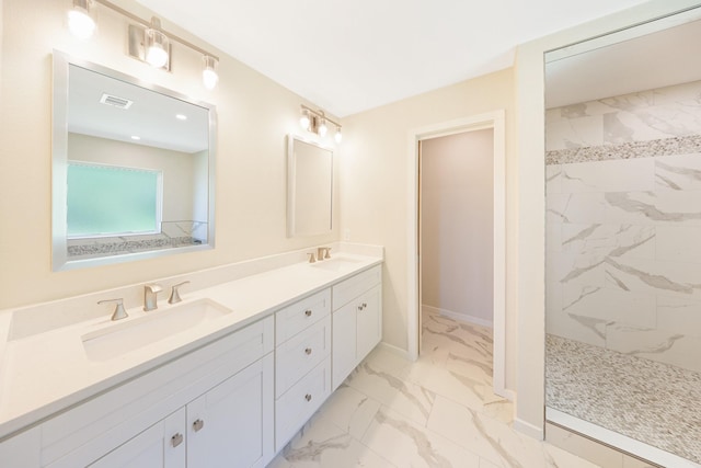 4107 Highland Rd, Melissa, TX 75454 - bathroom featuring marble finish flooring, double vanity, tiled shower, and baseboards