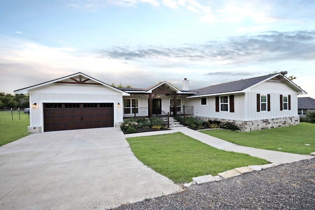 4107 Highland Rd, Melissa, TX 75454 - view of front of home featuring driveway, an attached garage, covered porch, a front lawn, and roof with shingles