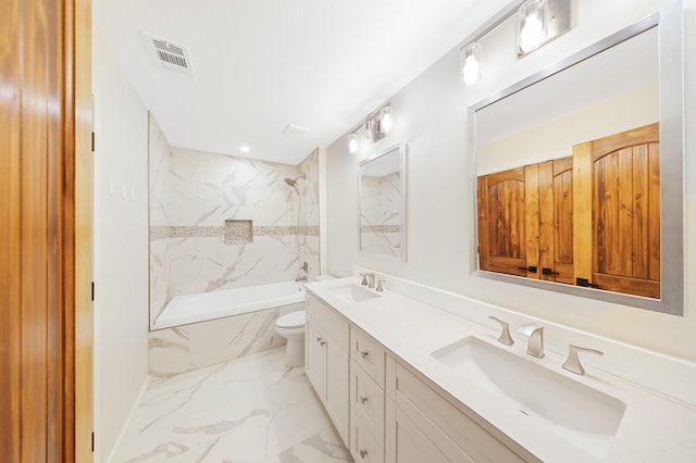 4107 Highland Rd, Melissa, TX 75454 - full bath featuring marble finish flooring, double vanity, a combined bath / shower with marble appearance, and toilet