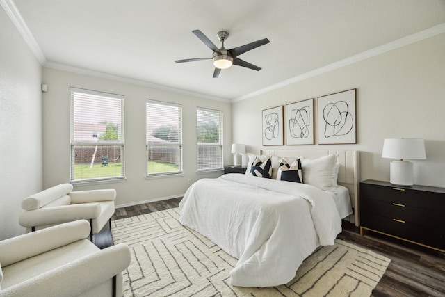 3740 Holly Brook Dr, Fort Worth, TX 76244 - bedroom featuring ornamental molding, dark wood finished floors, a ceiling fan, and baseboards