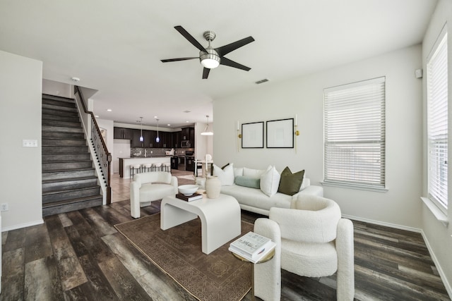 3740 Holly Brook Dr, Fort Worth, TX 76244 - living area featuring ceiling fan, dark wood finished floors, stairway, healthy amount of natural light, and recessed lighting