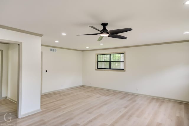 808 E St, Minden, LA 71055 - empty room featuring ornamental molding, light wood-style flooring, recessed lighting, baseboards, and ceiling fan