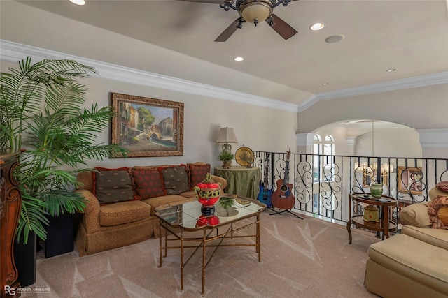 609 Enchanted Ln, Bossier City, LA 71111 - carpeted living room featuring ceiling fan, crown molding, arched walkways, and recessed lighting