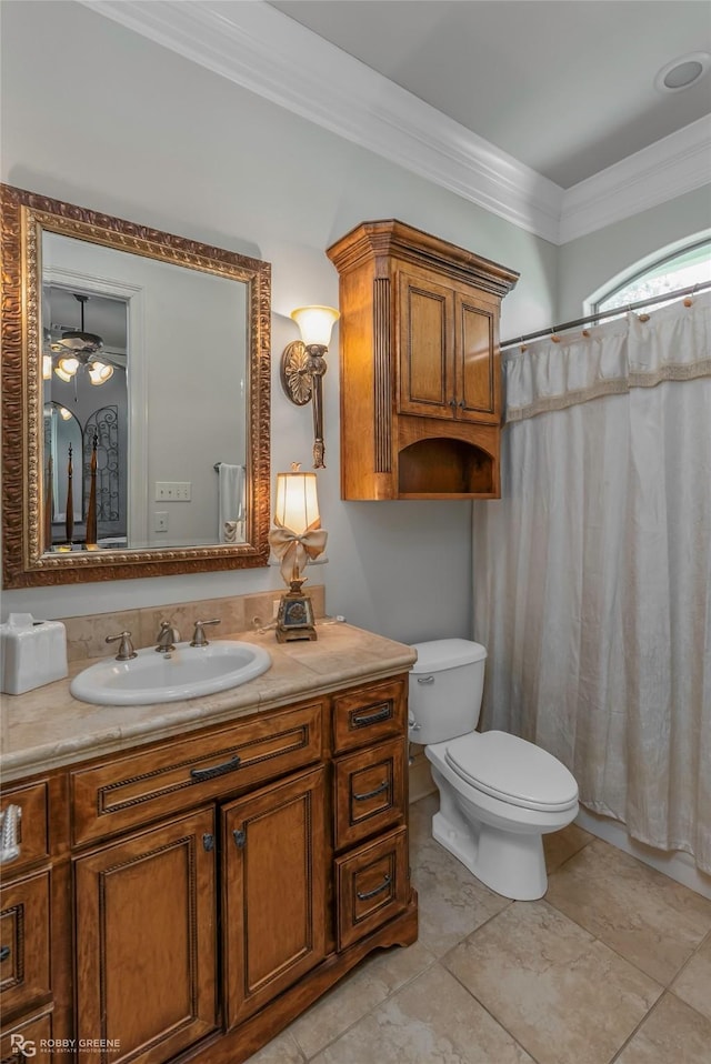 609 Enchanted Ln, Bossier City, LA 71111 - full bathroom featuring vanity, ornamental molding, toilet, curtained shower, and a ceiling fan