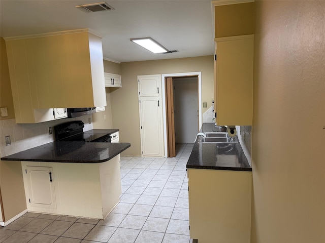 8622 Jackson Square Pl, Shreveport, LA 71115 - kitchen featuring black electric range, a sink, a peninsula, light tile patterned floors, and crown molding