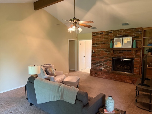 8622 Jackson Square Pl, Shreveport, LA 71115 - living area with carpet flooring, a ceiling fan, a brick fireplace, and baseboards