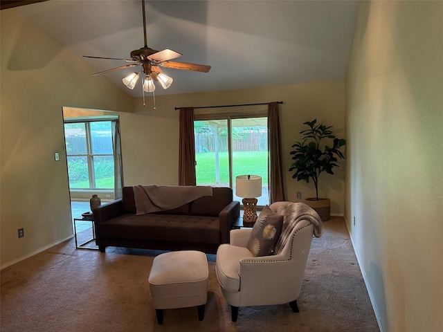 8622 Jackson Square Pl, Shreveport, LA 71115 - living room featuring carpet flooring, healthy amount of natural light, ceiling fan, baseboards, and vaulted ceiling