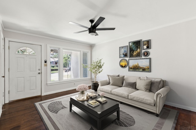 4908 Calmont Ave, Fort Worth, TX 76107 - living area with baseboards, crown molding, wood finished floors, and ceiling fan